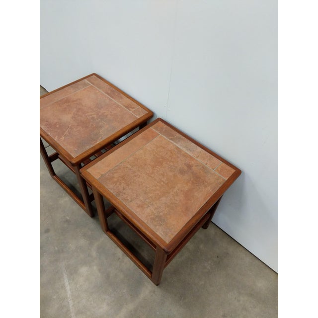 Wood Pair of Vintage Mid Century Modern Teak and Tile Side Tables For Sale - Image 7 of 7