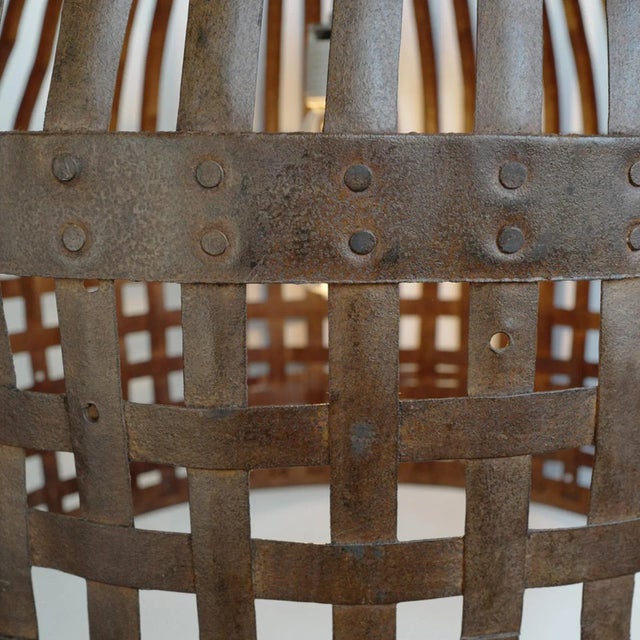 Mid 20th Century Vintage Rustic Industrial Iron Basket Cage Pendant Light For Sale - Image 5 of 7