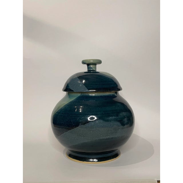 Abstract Modern Blue Ceramic Lidded Ginger Jar For Sale - Image 4 of 11