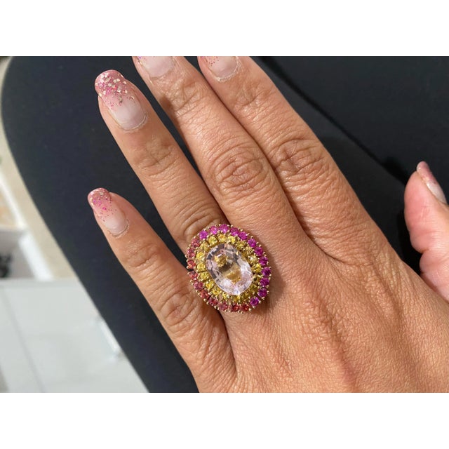Metal 6.32 Carat Natural Pink Morganite Sapphire Yellow Gold Cocktail Ring, Size 7 For Sale - Image 7 of 9