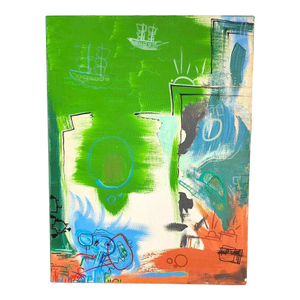 1990s Vintage Abstract Neo Expressionist Oil on Canvas Painting in the Style of Jean Michel Basquiat