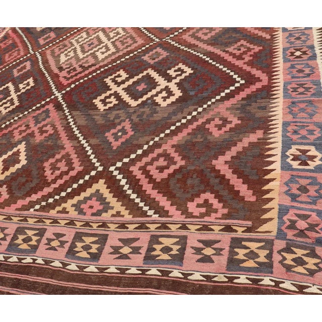 Brown All-Over Design Hand Woven Kilim Geometric Diamond Design in Brown, Pink, and Tan For Sale - Image 8 of 13