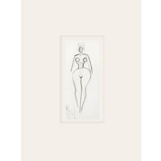 Small Vintage French Mid-Century Modern Abstract Female Nude Figural Line Drawing in Graphite on Paper With Mat For Sale