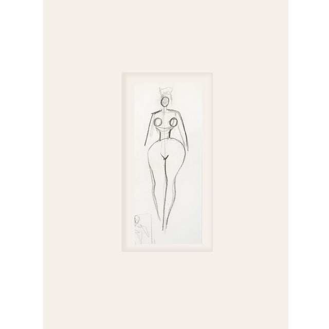 Small Vintage French Mid-Century Modern Abstract Female Nude Figural Line Drawing in Graphite on Paper With Mat For Sale