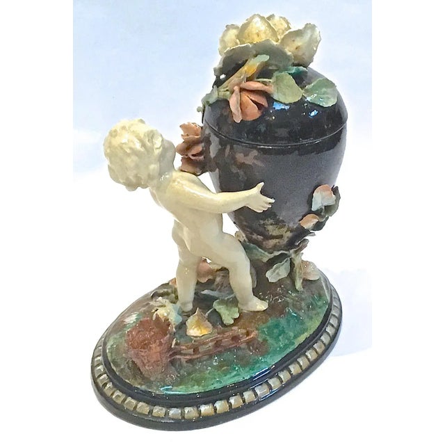 Antique French Barbotine Majolica Cherub & Floral Urn Jar For Sale In Atlanta - Image 6 of 11
