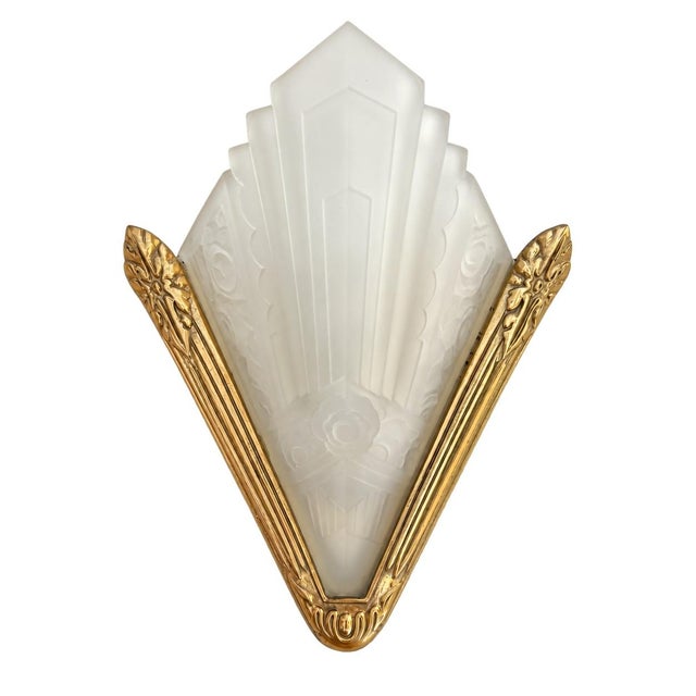 Art Deco French Art Deco Brass & Frosted Glass Shield Shaped Wall Sconces - A Pair For Sale - Image 3 of 9