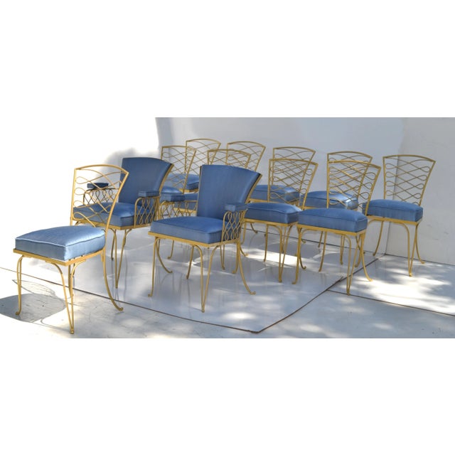 René Prou Art Deco Gold Wrought Iron Dining Room Chairs Blue Fabric - Set of 14 For Sale - Image 4 of 12