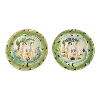 Pair of Antique Italian Reticulated Cherub Plates in Green & Gold For Sale