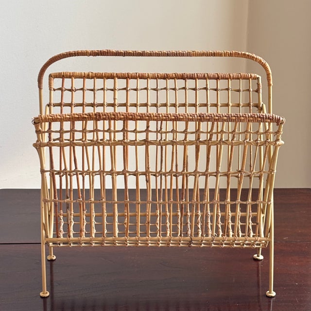 1950s Bamboo & Rattan Openweave Magazine Rack W/ Iron Base For Sale - Image 10 of 18