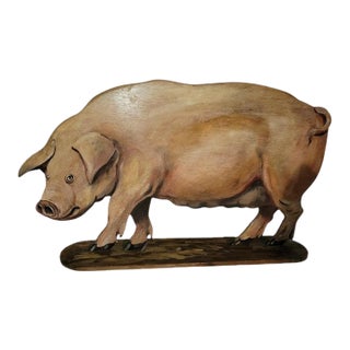 1980s Hand Carved Wood Pig With Original Paint, Signed For Sale