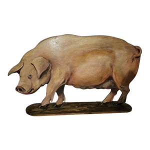1980s Hand Carved Wood Pig With Original Paint, Signed