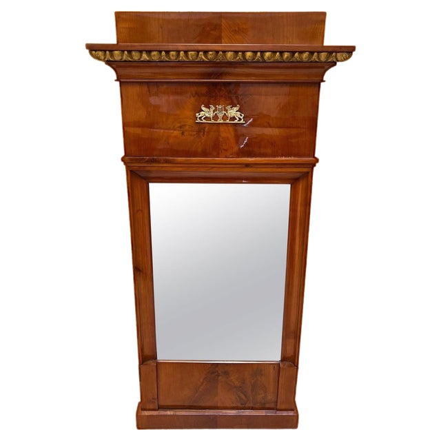 Biedermeier Cherry Wall Mirror with Brass Decor, South Germany, 1820s For Sale