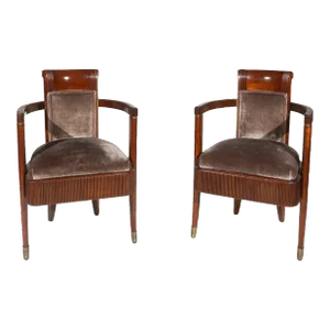 1934 S S Normandie Art Deco Silk Velvet Upholstered & Mahogany ArmChairs by Pierre Patout (French 1897 - 1965)