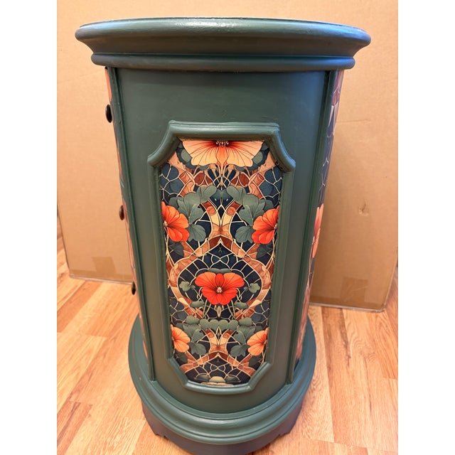 This custom finished hand-painted cabinet or nightstand has three drawers and features several distinctive design...