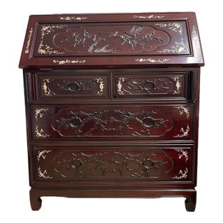 1990s Dark Cherry Rosewood Flower and Bird Design Asian Secretaire For Sale