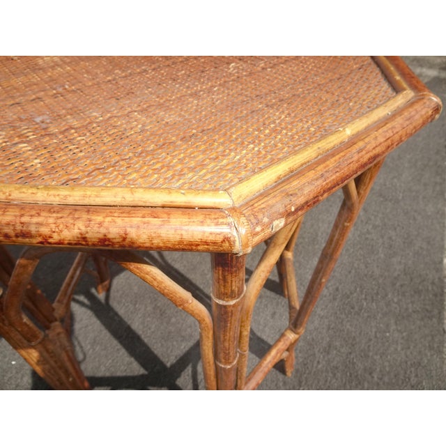 1970s Vintage French Country Brown Bamboo Rattan Side Table ~ End Table For Sale - Image 5 of 10