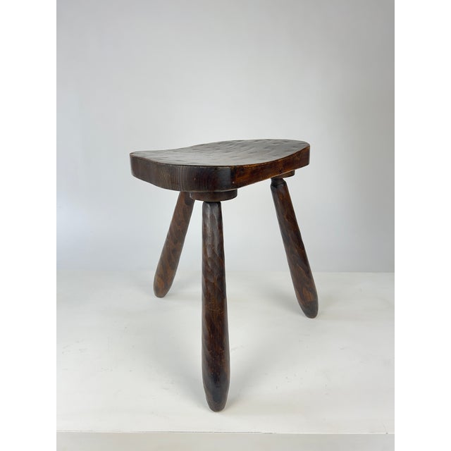Vintage Brutalist Rustic Carved Wood Tripod Stool, France, 1930s For Sale - Image 9 of 12