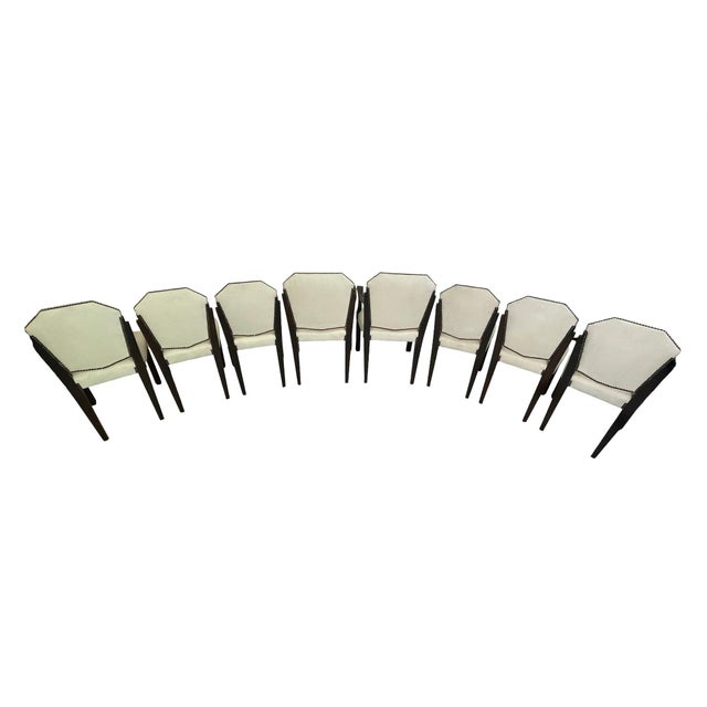 Set of 8 Vintage Art Deco Style Dining Chairs in Ivory Suede-Like Upholstery & Dark Mahogany Frames For Sale - Image 4 of 18