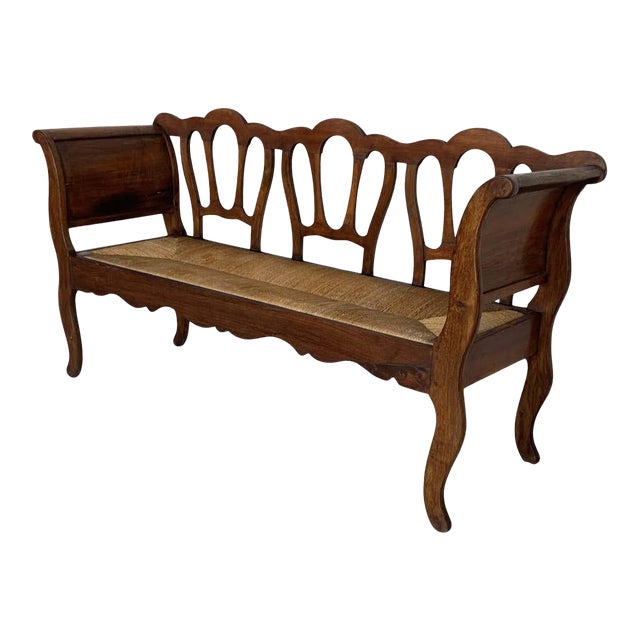 20th Century Walnut Victorian Bench in Wood and Rattan Seat For Sale
