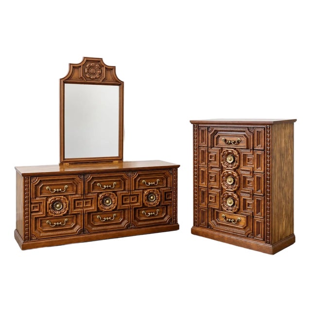 Vintage Brutalist-Spanish Revival Bedroom Set by Bassett - Chest of Drawers & Long Lowboy Dresser For Sale