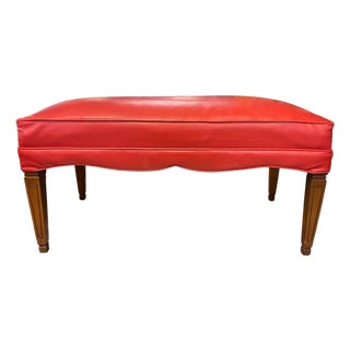 Vintage Mid-Century Walnut Upholstered Bench in Red Vinyl For Sale