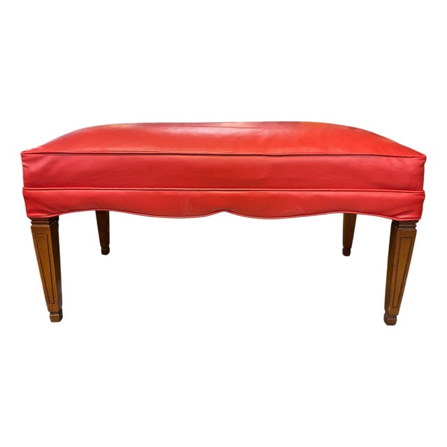 Vintage Mid-Century Walnut Upholstered Bench in Red Vinyl For Sale