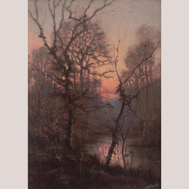 Wooded River Landscape at Sunset, 1800s, Oil on Board For Sale - Image 7 of 7