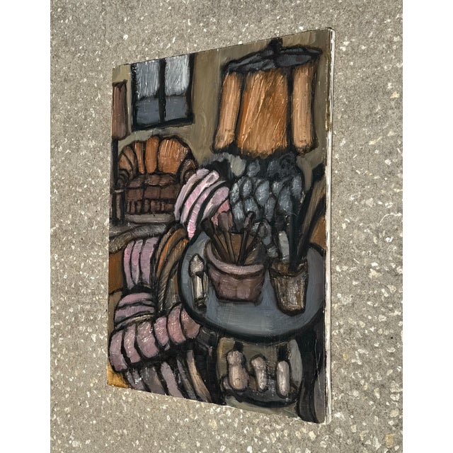 A richly textured and boldly outlined painting depicting a cozy interior scene, this piece blends expressionistic charm...