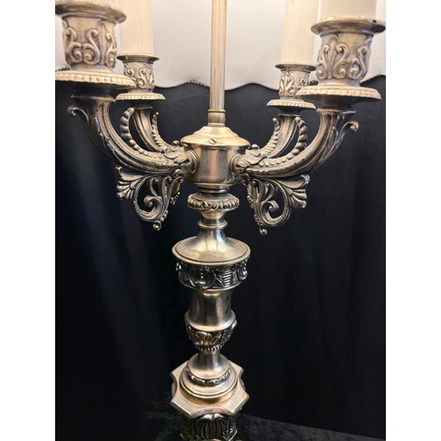 French 19th‑Century Louis XVI Style Four‑Arm Silver Candelabra Lamps — A Pair For Sale - Image 10 of 12
