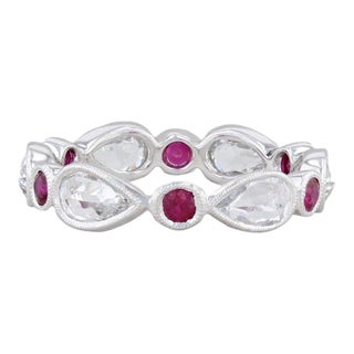 New Beverley K Red Ruby White Sapphire Stackable Ring 14k Gold Eternity Band 6.5 For Sale