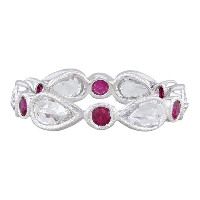 New Beverley K Red Ruby White Sapphire Stackable Ring 14k Gold Eternity Band 6.5 For Sale