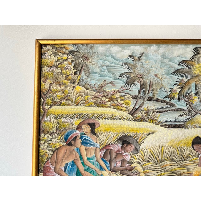 Vintage Kasta Asian Traditional Balinese Rice Farmers in Ubud Acrylic Painting For Sale In Miami - Image 6 of 12