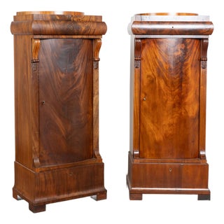 Pair 19th Century Danish Biedermeier Mahogany Column Cabinets With Bowfront Doors For Sale