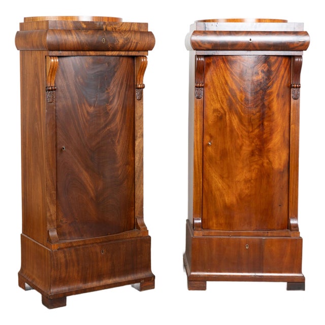 Pair 19th Century Danish Biedermeier Mahogany Column Cabinets With Bowfront Doors For Sale