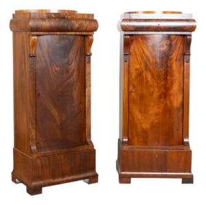 Pair 19th Century Danish Biedermeier Mahogany Column Cabinets With Bowfront Doors