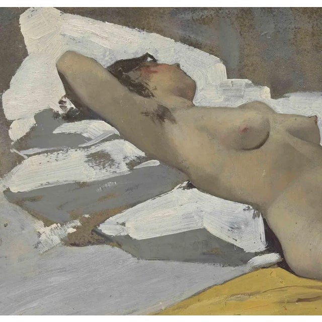 Unknown, Woman Lying Down on White Cloth, Oil Painting, Mid-20th Century For Sale - Image 4 of 5