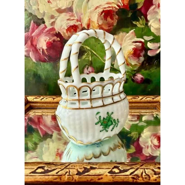 Herend Hungarian Vintage Mini Hand-Painted Porcelain Basket With Handle - Made in Hungary For Sale - Image 9 of 10