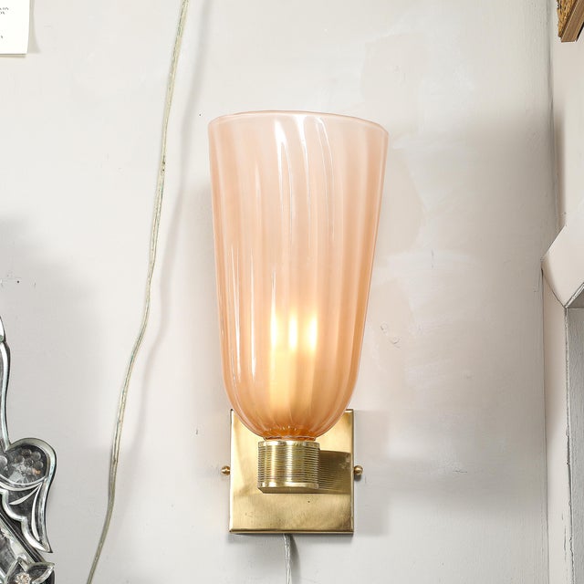 2020s Modernist Hand-Blown Smoked Rose Murano Fluted Glass Sconces With Brass Fittings For Sale - Image 5 of 17