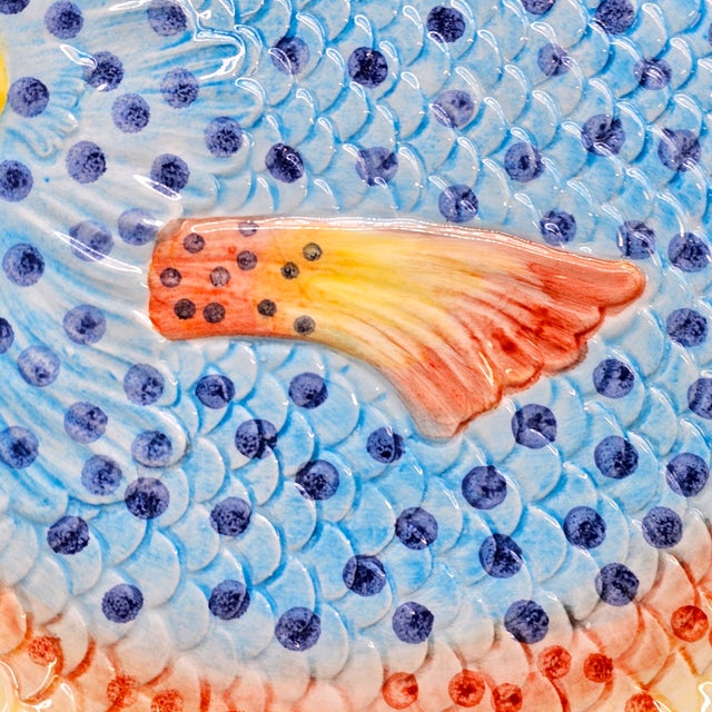 Blue Hand Painted Majolica Zanolli Italian Fish Plates & Platter Set of 6 For Sale - Image 8 of 16