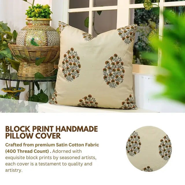 Elevate your home with the timeless charm of our block print handmade cushion cover. Crafted on smooth cotton satin, this...