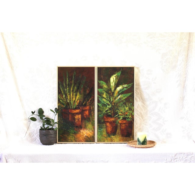 Pair of houseplant paintings - heavily textured - 70s paintings - midcentury - boho - green paintings - still life - vertical painting -gift For Sale - Image 9 of 10