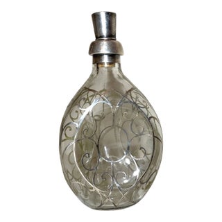 Antique Ornate Sterling Silver Overlay Glass Liquor Claret Decanter Bottle Jar For Sale