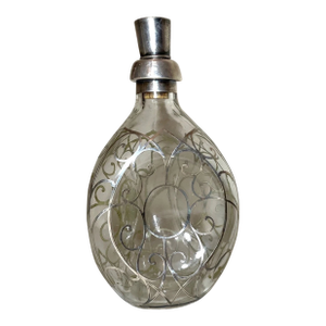 Antique Ornate Sterling Silver Overlay Glass Liquor Claret Decanter Bottle Jar
