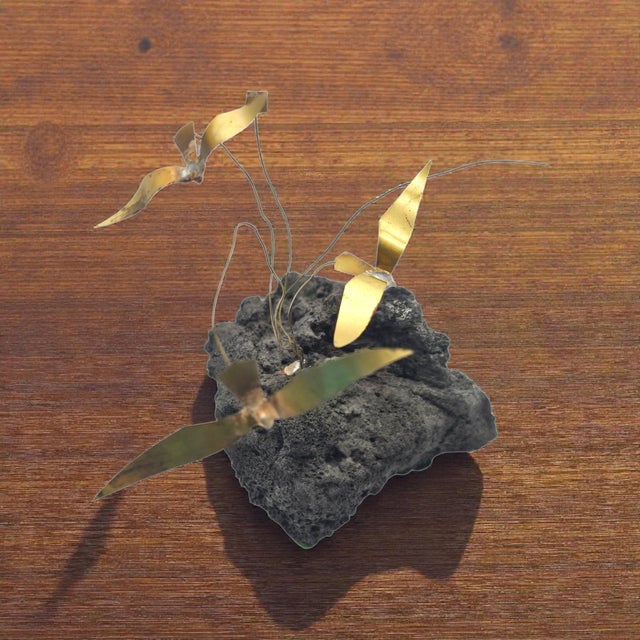 This mid-century metal sculpture features five flame-cut brass birds mounted on slender steel wires, rising dynamically...