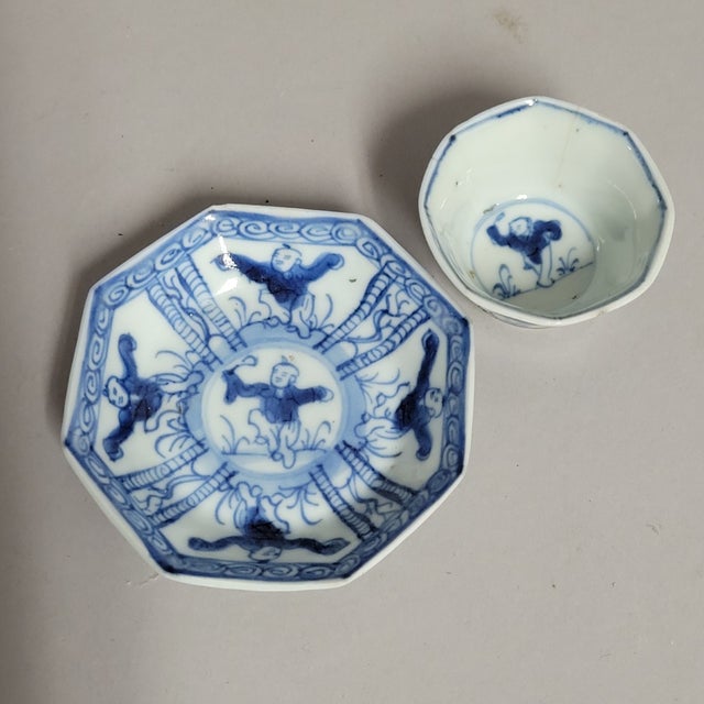 Chinoiserie Chinese Blue and White Porcelain Cup and Saucer, Boys at Play Motif, C. 1900 For Sale - Image 3 of 7