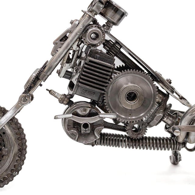 New Handcrafted Recycled Metal Motorbike Sculpture | 37" X 23" | One of a Kind For Sale - Image 6 of 10