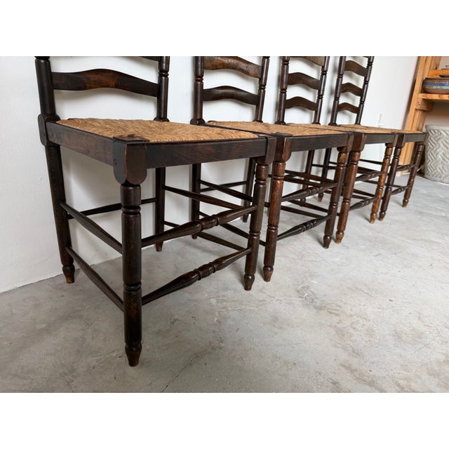 Vintage French Country Style Oak Ladder Back Rush Seat Dining Chairs – Set of 4 For Sale - Image 13 of 18
