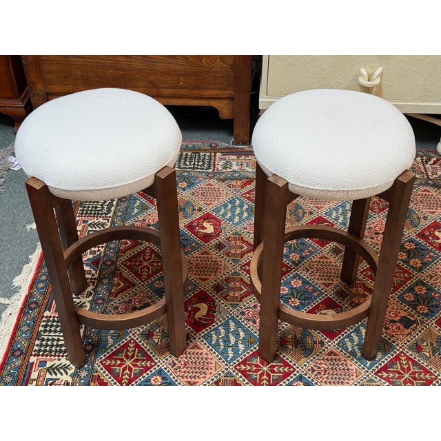 Mid-Century Modern Dark Walnut + Boucle Counter Stools, Pair For Sale - Image 3 of 12