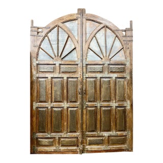 1920s Antique Indian Carved Brass Cladded Teak Doors - a Pair 118 For Sale