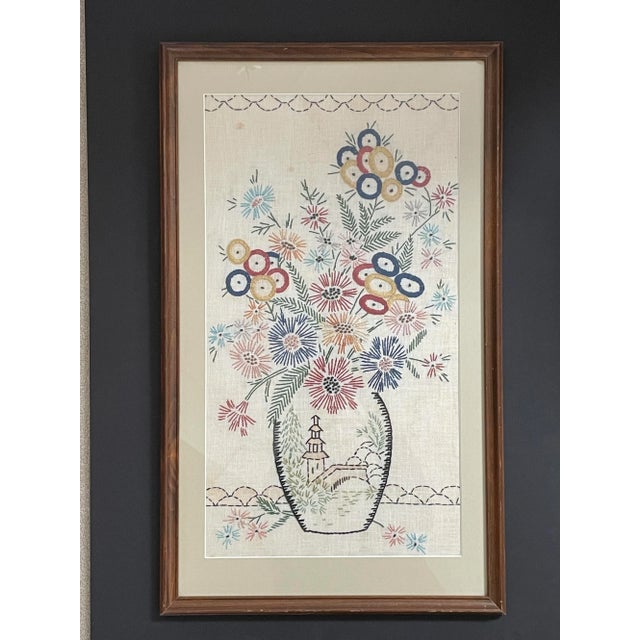 Vintage Embroidered Linen Floral Still Life in Asian Vase For Sale - Image 12 of 12